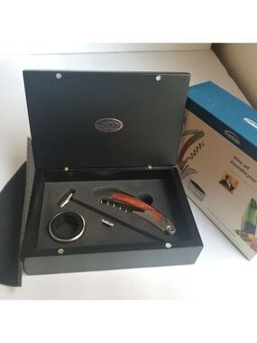 Wine Tool Set Corkscrew Thermometer Wine Ring Wood Case Bar Tools Trudeau